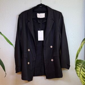 Stitch and Feather Linen Blend Black Double Breasted Lightweight Open Blazer M